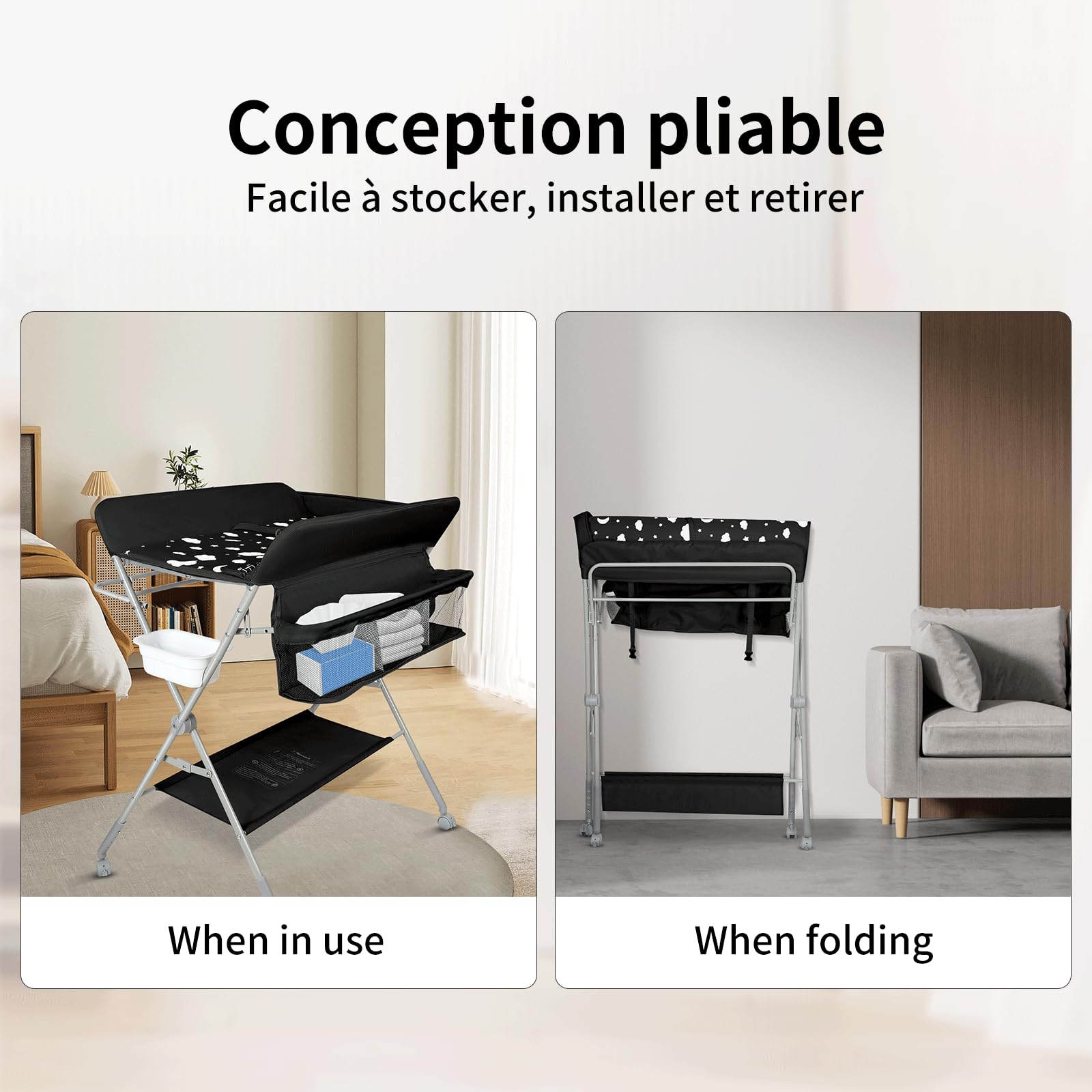 OHMG Baby Table à langer pliable, Table à langer avec roulettes, Table à langer mobile avec matelas à langer, Harnais de sécurité et étagères, Imperméable et réglable en hauteur, Stable