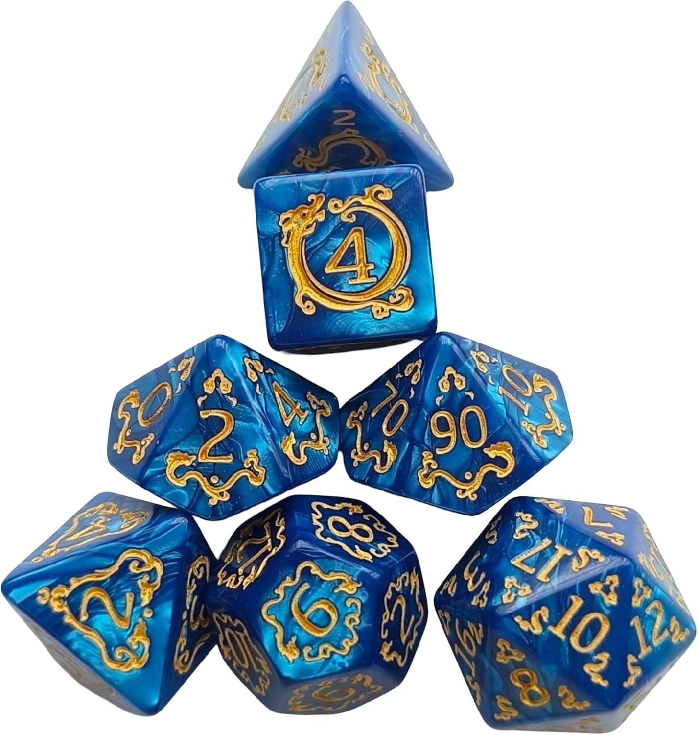 7pcs Polyhedral Dice Set – Vintage Dragon Engraved Gemstone Style Dice for DND, Dungeons & Dragons, RPG Tabletop Games (Pearl Blue Finish)