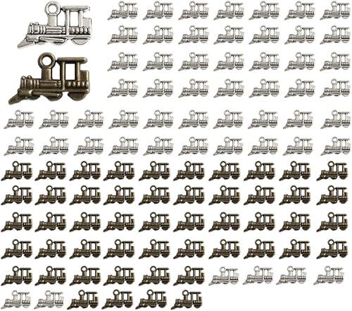 Opexicos 100 dijes de tren y motor de tren, tono plateado envejecido, 3D, 0.591 x 0.591 in, accesorios hechos a mano para manualidades