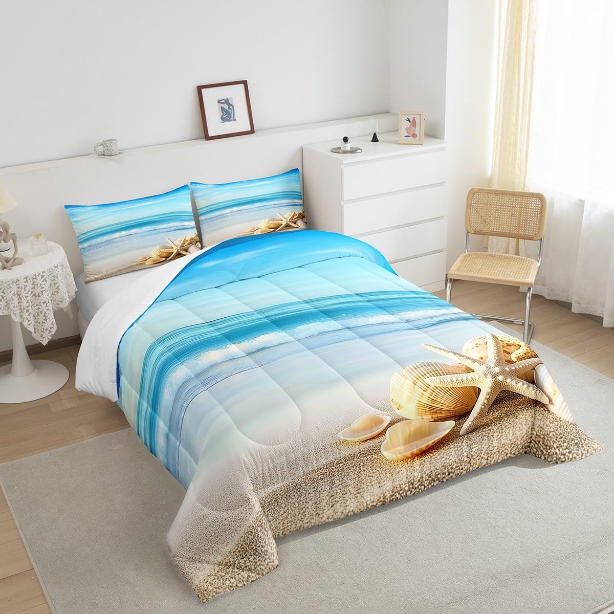 Feelyou Beach Theme Comforter Set King Size Starfish Seashell Conch Bedding Set Kids Boys Girls Ocean Sea Nature Pattern Print Comforter Summer Holiday Vacation Quilt Set