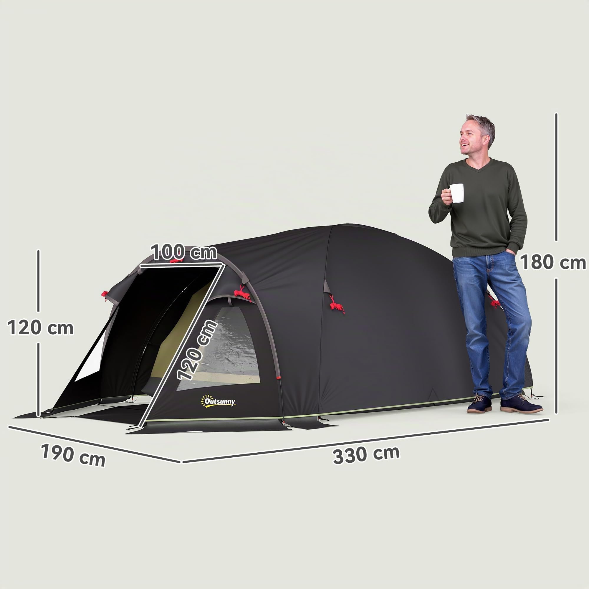 Outsunny Tente Tunnel Camping 3000mm 2 pièces 330x190x120cm Noir
