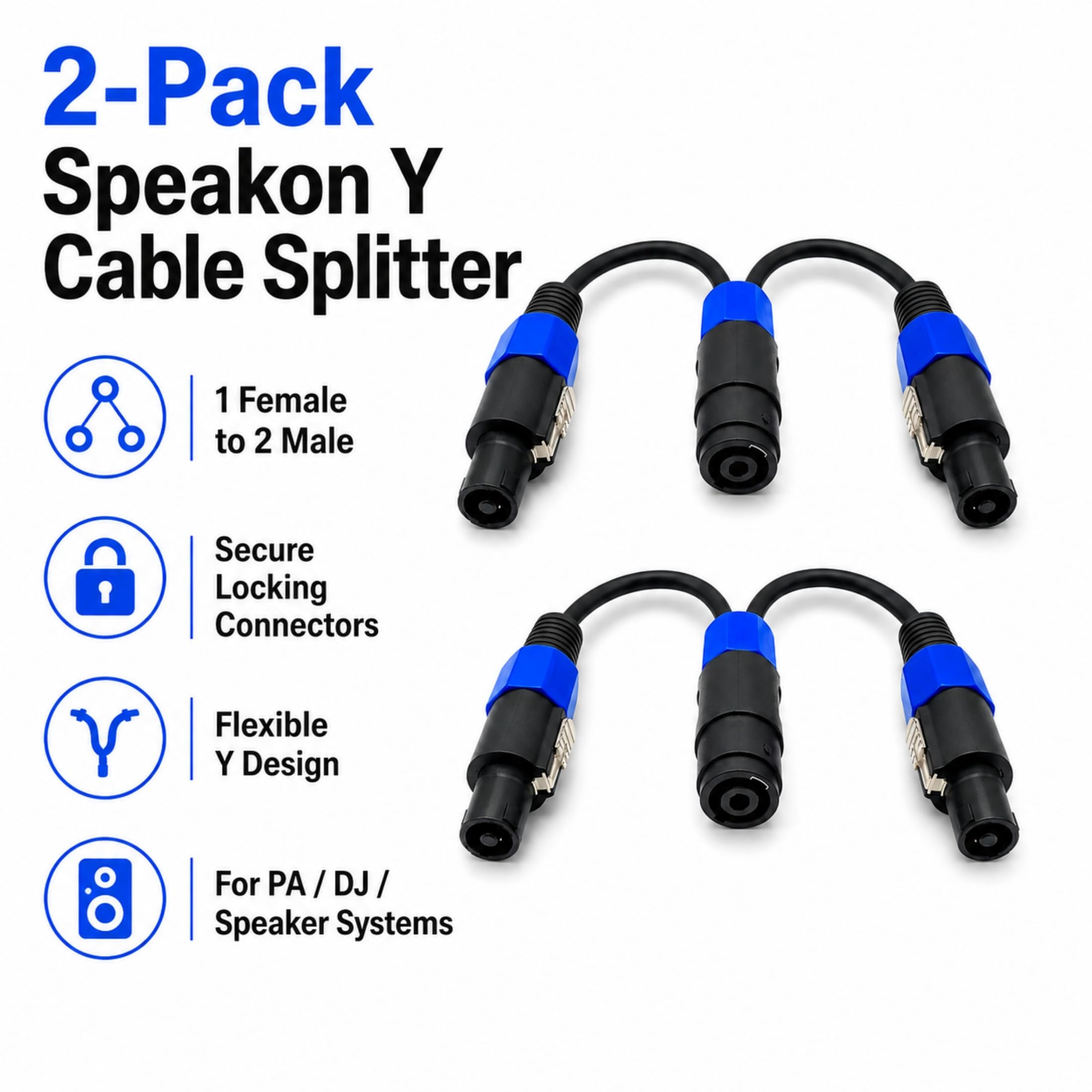 Speakon femmina a Speakon maschio, cavo splitter Speakon, cavo universale per altoparlanti DJ/PA, da 1 femmina a 2 maschi (confezione da 2) (da 1 femmina a 2 maschio)