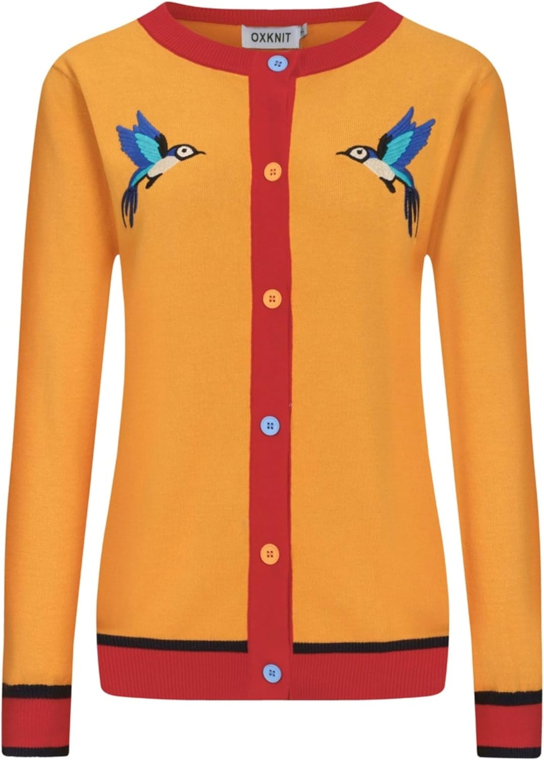 OXKNIT Retro Knitted Cardigan Sweater for Women, Vintage Birds Pattern Casual Cotton Yellow Red Long Sleeve Tops