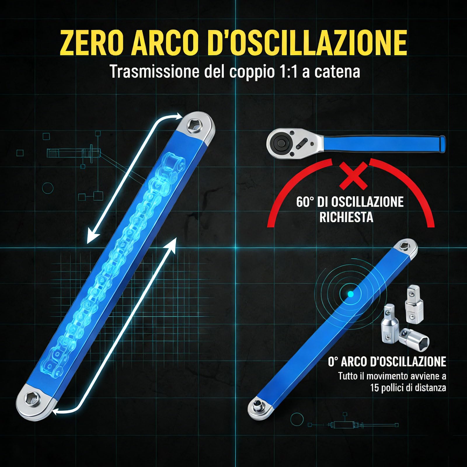 Generico Chiave Offset Schraubwerk, Estensione per Cricchetto con Meccanismo a Catena, Strumento per Spazi Stretti Motore Auto e Moto, Trasferimento di Coppia 1:1, Adattatori Inclusi (A,1)