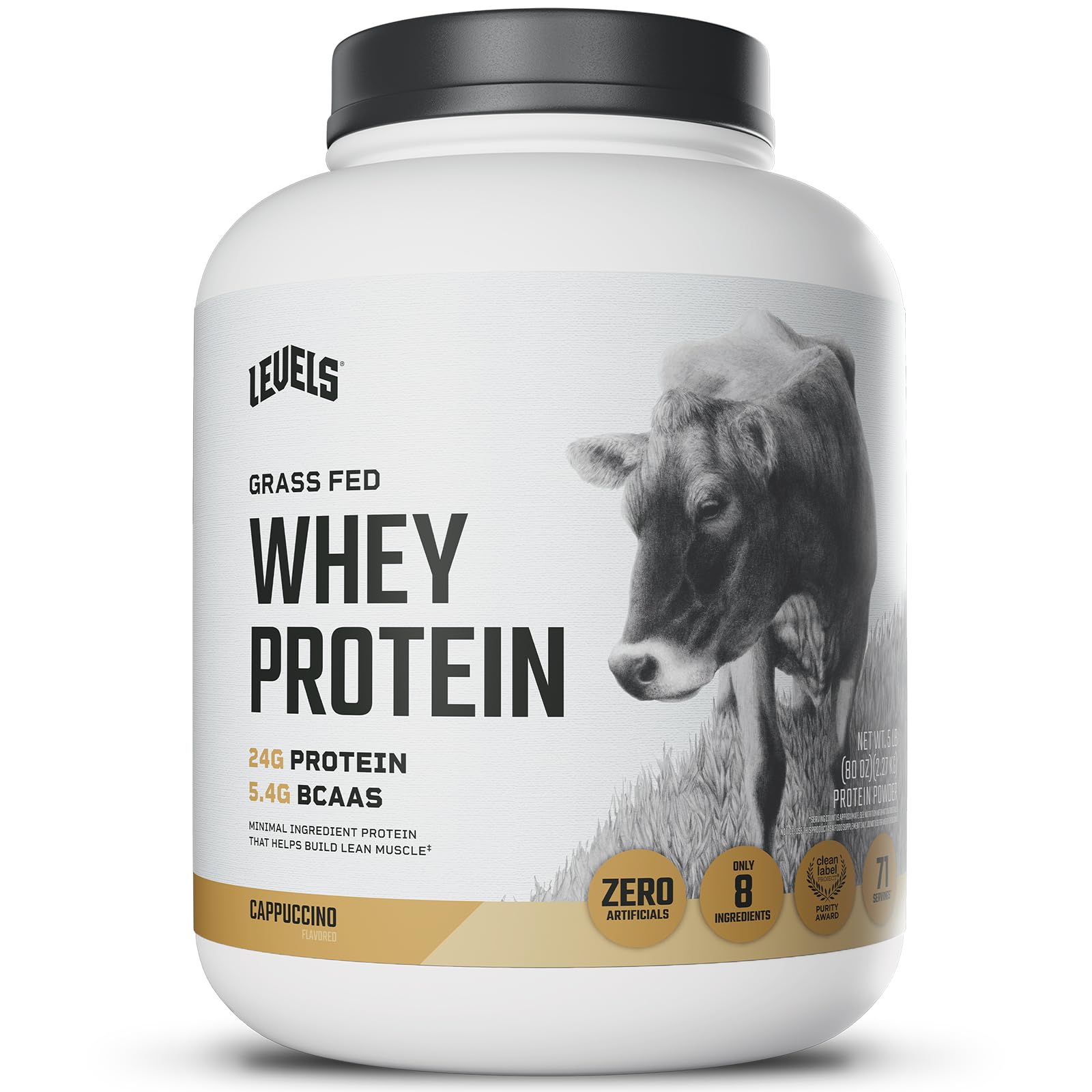 Levels Grass Fed 100% Whey Protein, No Hormones, Cappuccino, 5LB