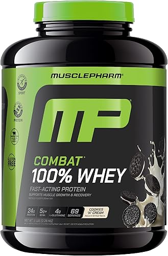 MusclePharm Combat 100% proteína de suero en polvo, sabor a galletas y crema, recuperación rápida y ganancia muscular con aislado de proteína de