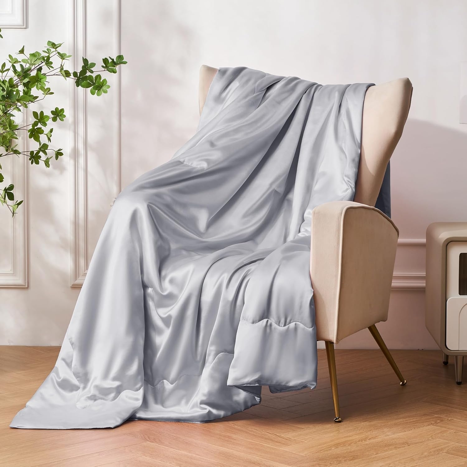 Light Grey Cooling Satin Throw Blanket 50 x 60 Inches Soft Lightweight Silky Bed Blanket for Couch, Sofa, Camping, Bed, Outdoor, Travel, Car