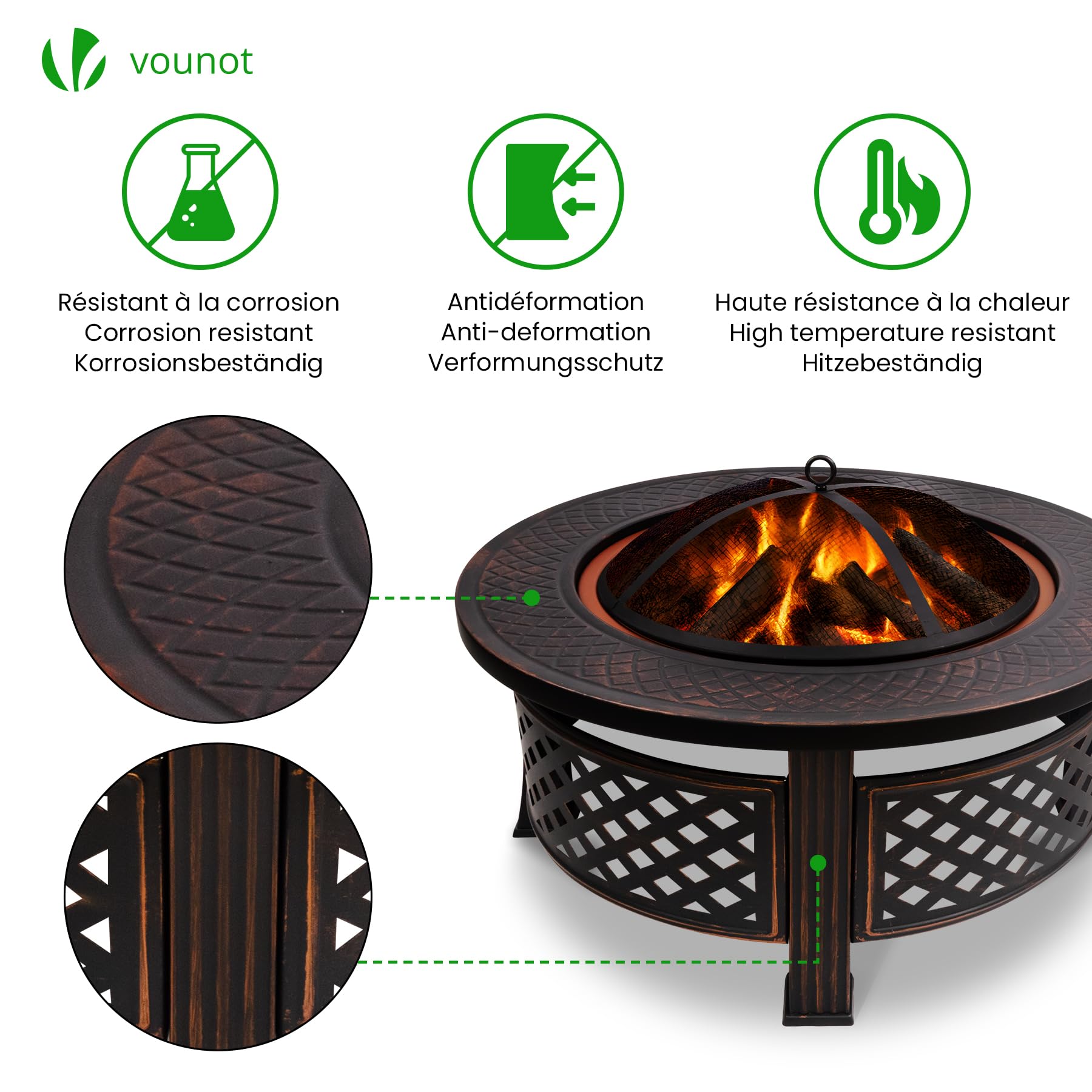 VOUNOT® Feuerschale Ø 81 cm mit Funkenschutz und Schürhaken Metall Feuerkorb Feuerstelle für den Garten, Terrasse, Heizung und Camping, Schwarz