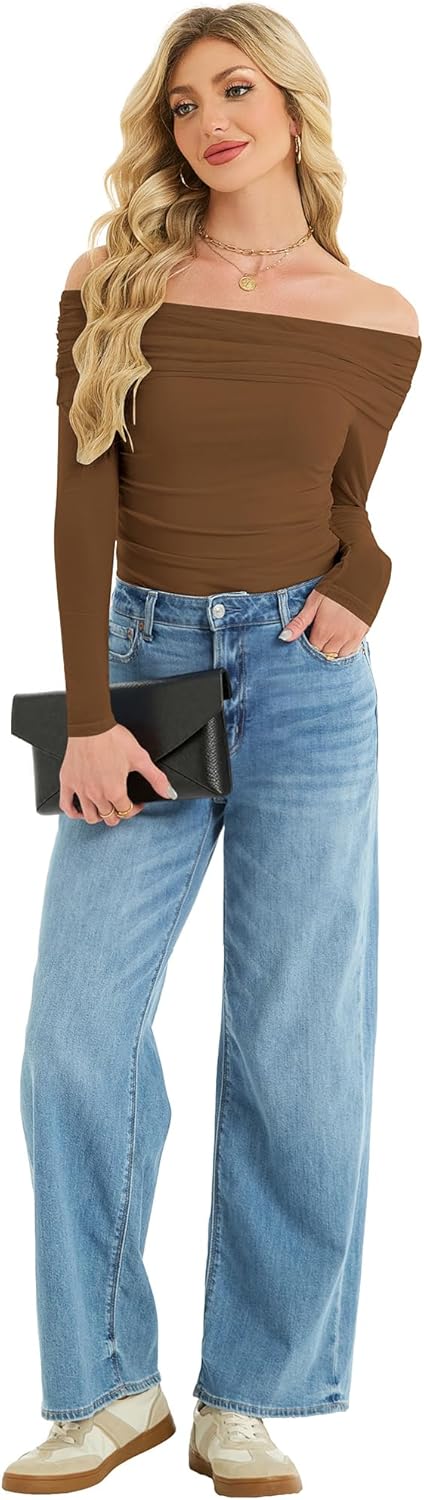 Off The Shoulder Mesh Tops for Women 2025 Fall Long Sleeve Shirts Bodycon Y2k Blouses Ruched Tendy Going Out Outfits - Image 6