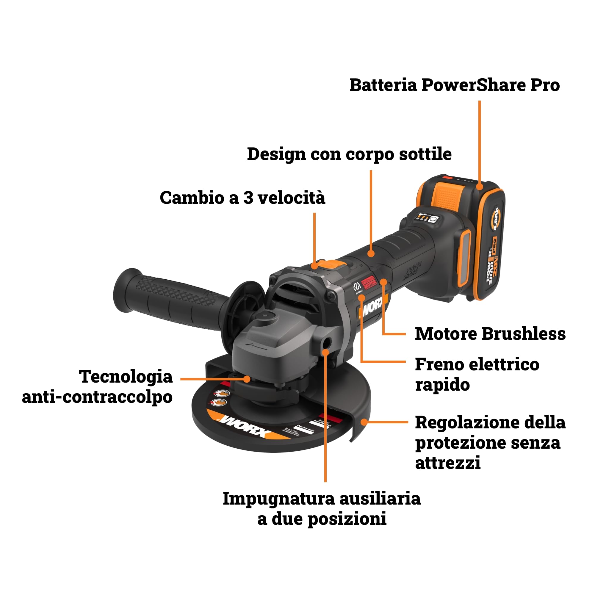 WORX WX814.2 Smerigliatrice angolare a batteria 20 V, disco da 125 mm, con dischi aggiuntivi inclusi