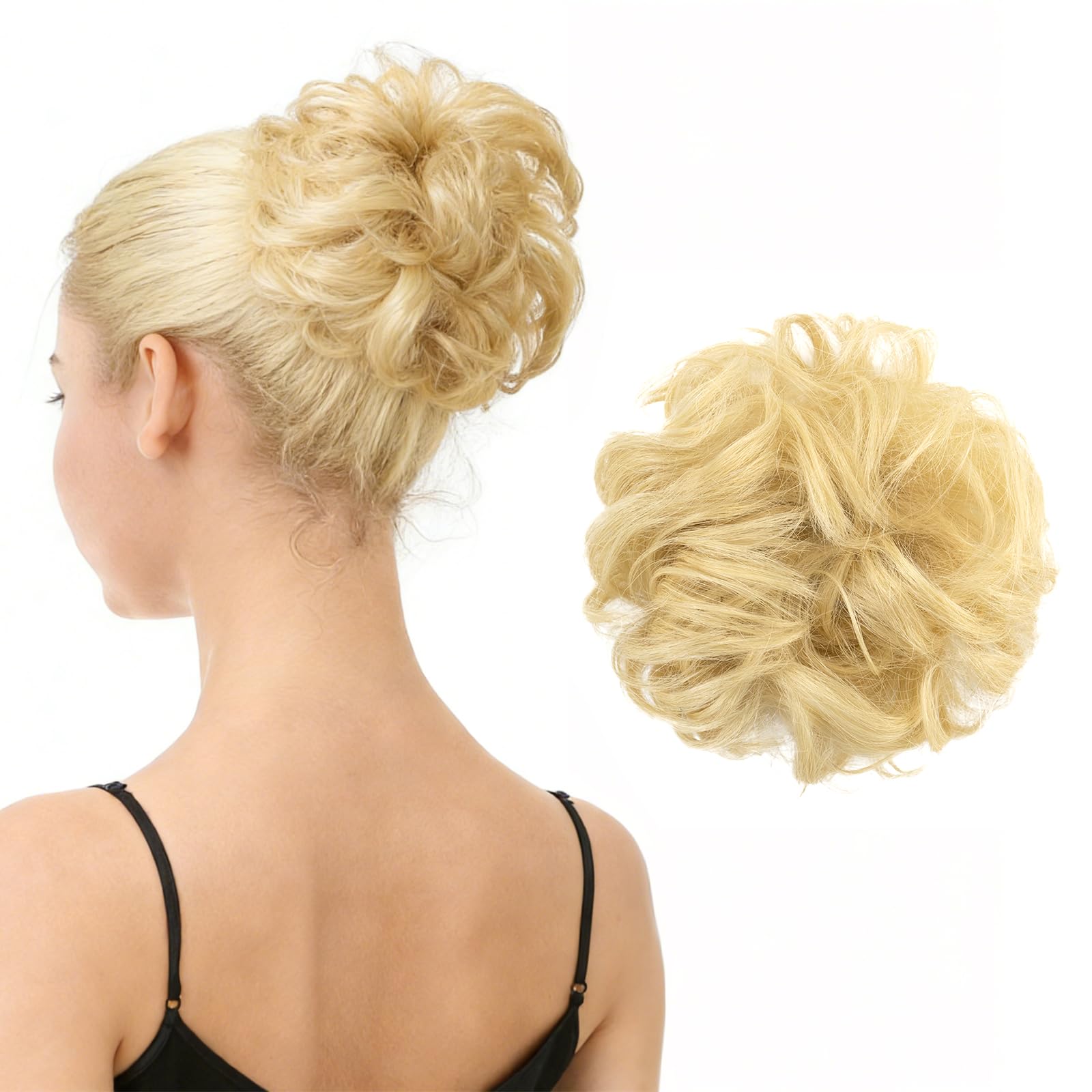 BARSDAR 100% Human Hair Bun Extension - Real Human Hair Blonde Messy Bun Scrunchie for Women - Elastic Wavy Blonde Updo Extensions Soft Fluffy Natural