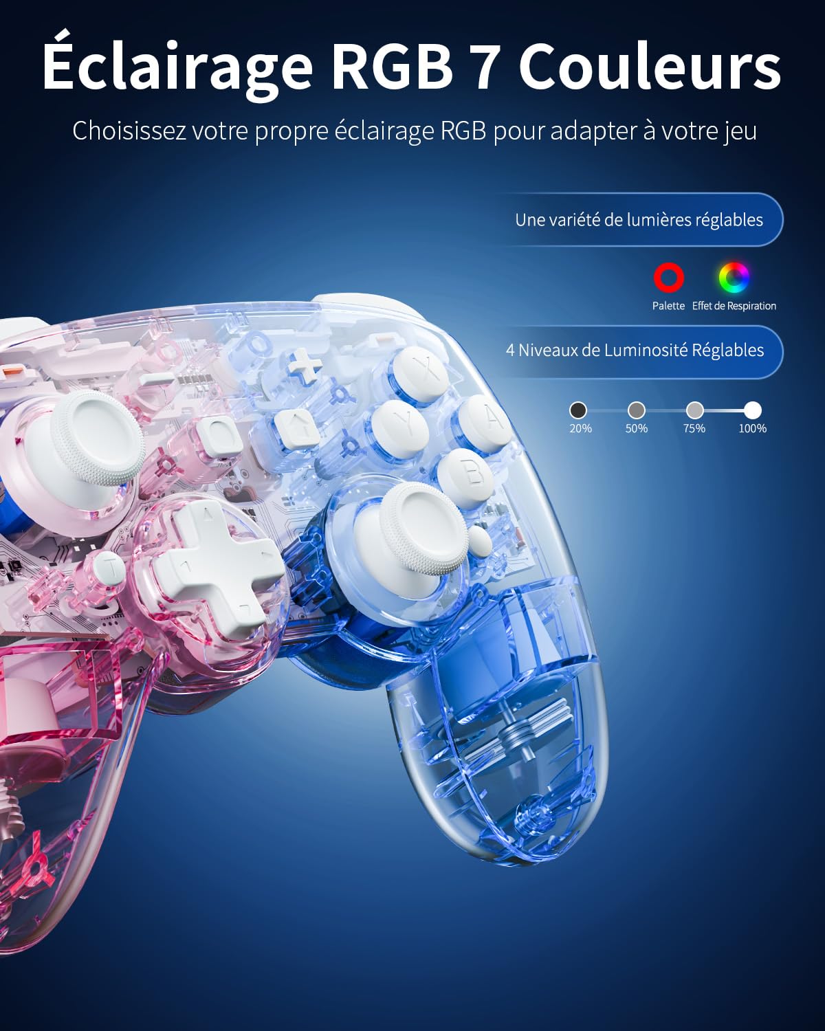 Gipnruot Manette sans fil à effet Hall Switch 2, manette Pro sans fil compatible avec Switch 2/OLED/Lite, manette Bluetooth avec 7 couleurs LED/macro/capteur de mouvement/turbo - Rose/Gris