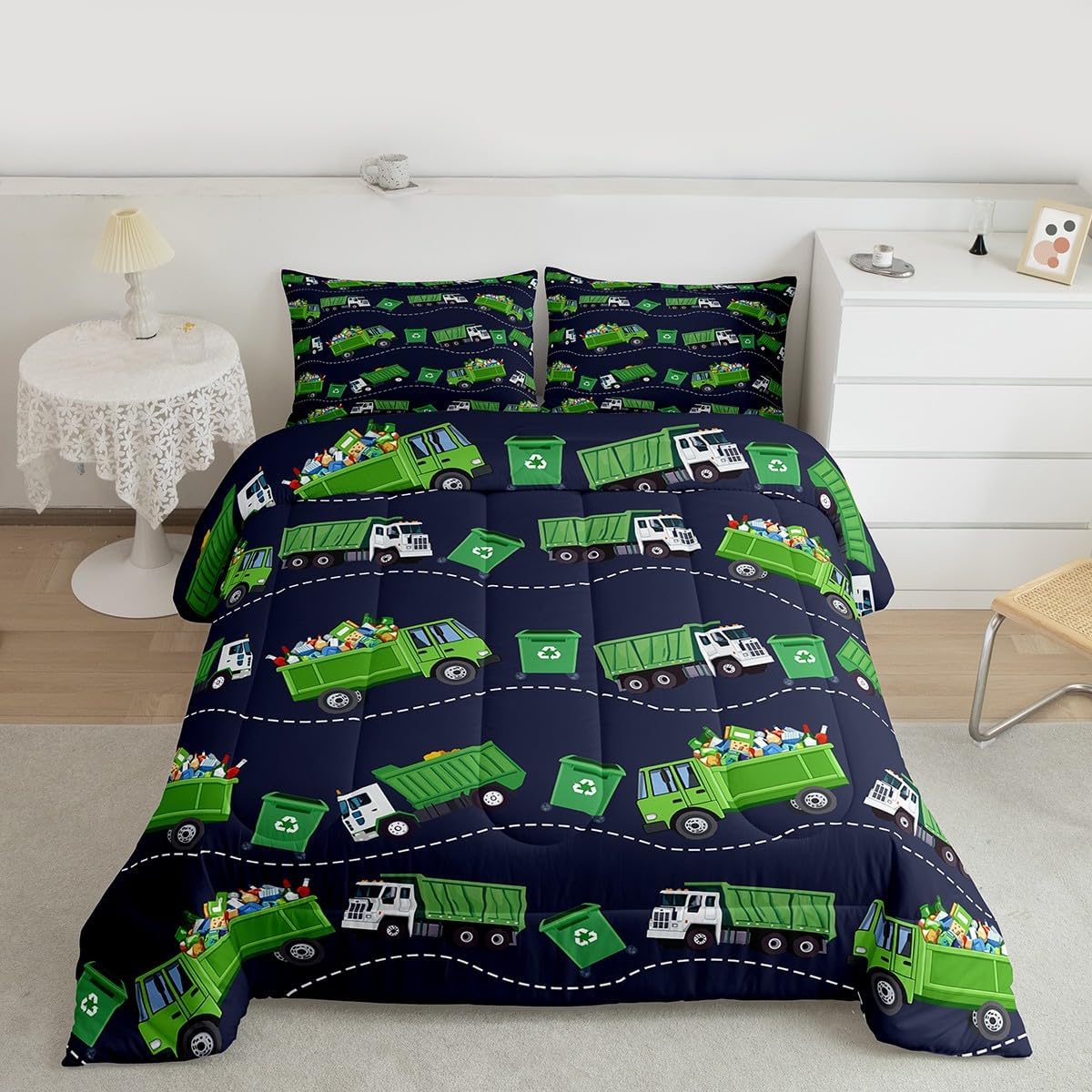 Feelyou Garbage Trucks Comforter Set Twin Size Kids Cartoon Car Comforter for Boys Teens Rubbish Car Bedding Set Vehicles Blue Green Duvet Set Room Decor Quilt Boys