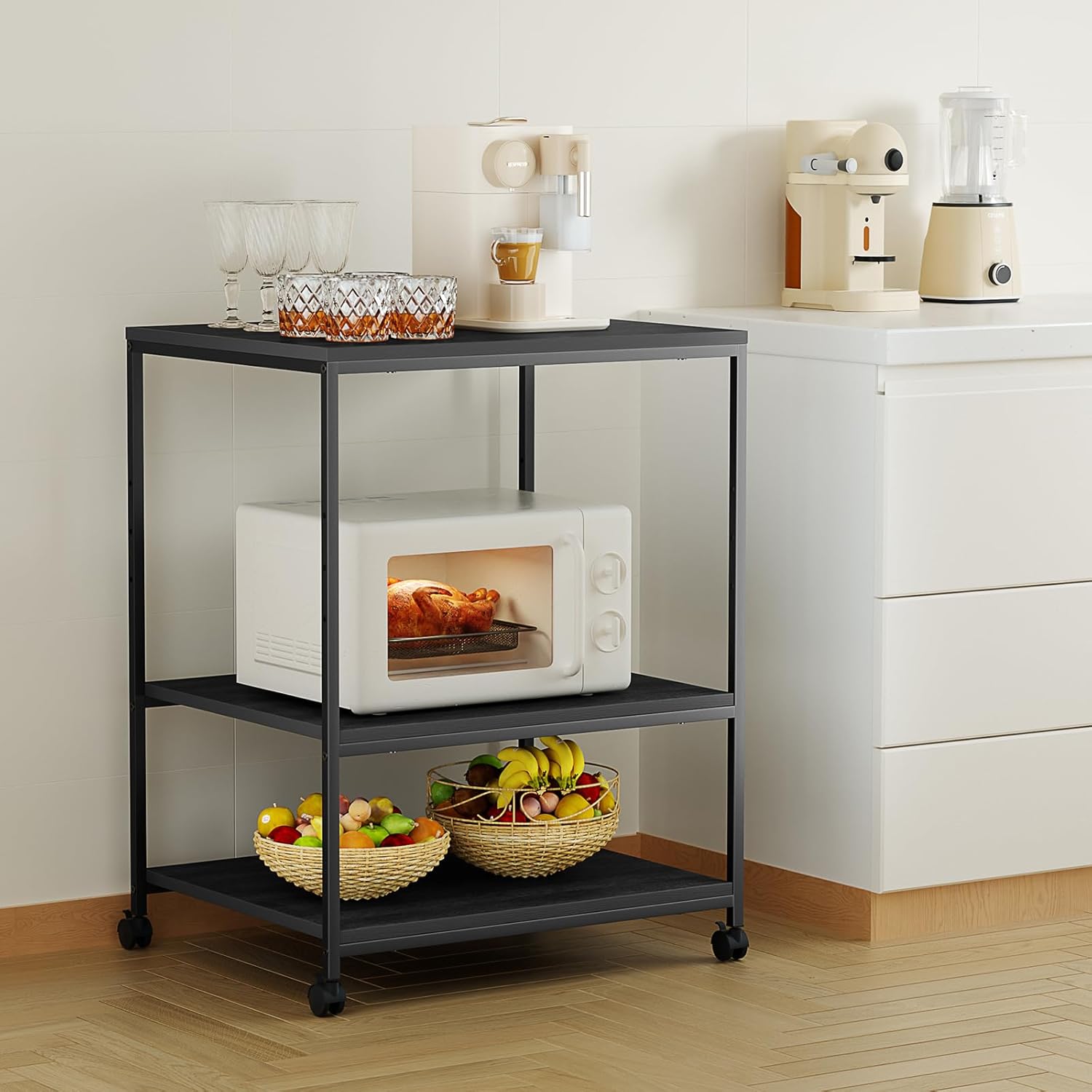 Large Printer Stand with Wheels, 3 Tier Printer Table for Home Office, Rolling Printer Cart with Adjustable Storage Shelf for Shredder Scanner Fax (Black)