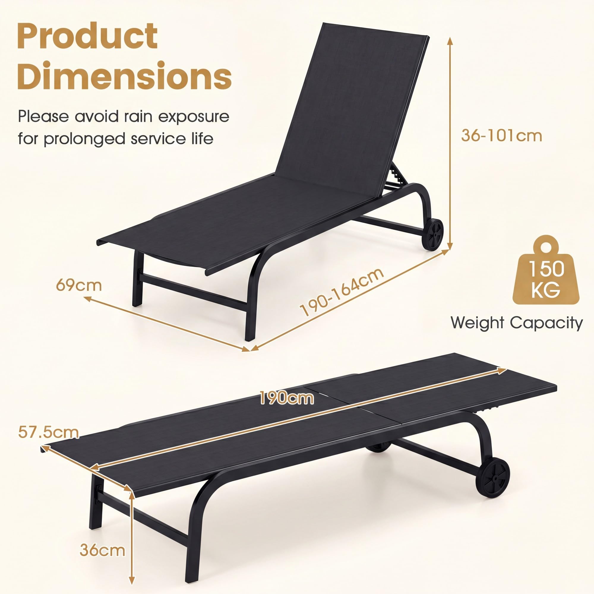 Giantex Tumbona de Jardín con Ruedas y Respaldo Ajustable, Carga 150 kg (Negro,2)