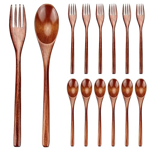 12 Pieces Wooden Forks and Spoons for Eating Utensil Set