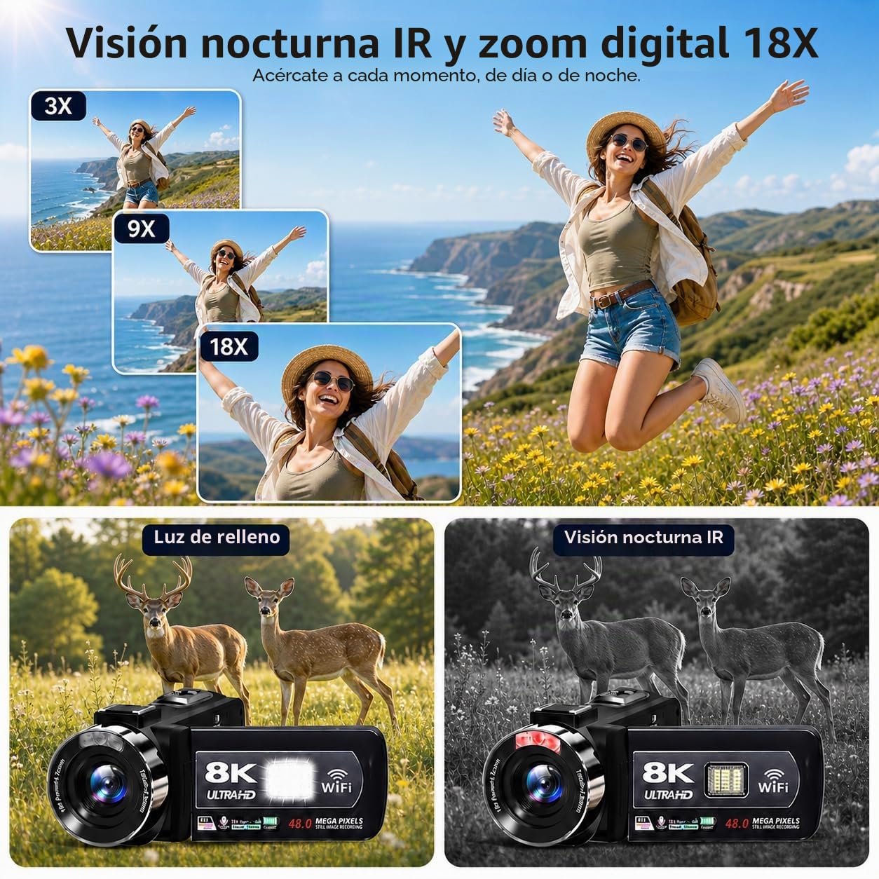 Cámara de vídeo, videocámara 8K 48MP 15FPS UHD WiFi cámara de vlogging con visión nocturna IR para YouTube, pantalla táctil de 7,6 cm con zoom digital 18X, con luz de relleno, micrófono,