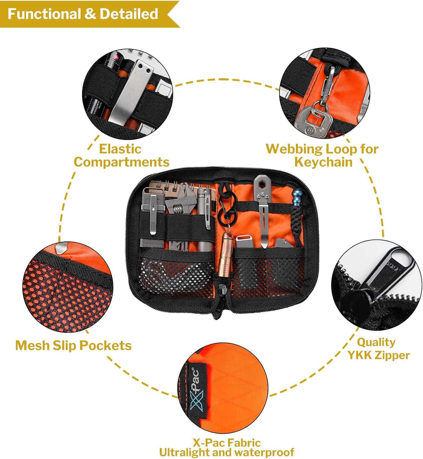 VIPERADE VE10 EDC Pouch Small Pocket Tool Pouch with 10 Compartments, Men's Pocket Organizer for Multitools, EDC Organizer with Patches Area for DIY (X-pac Orange)