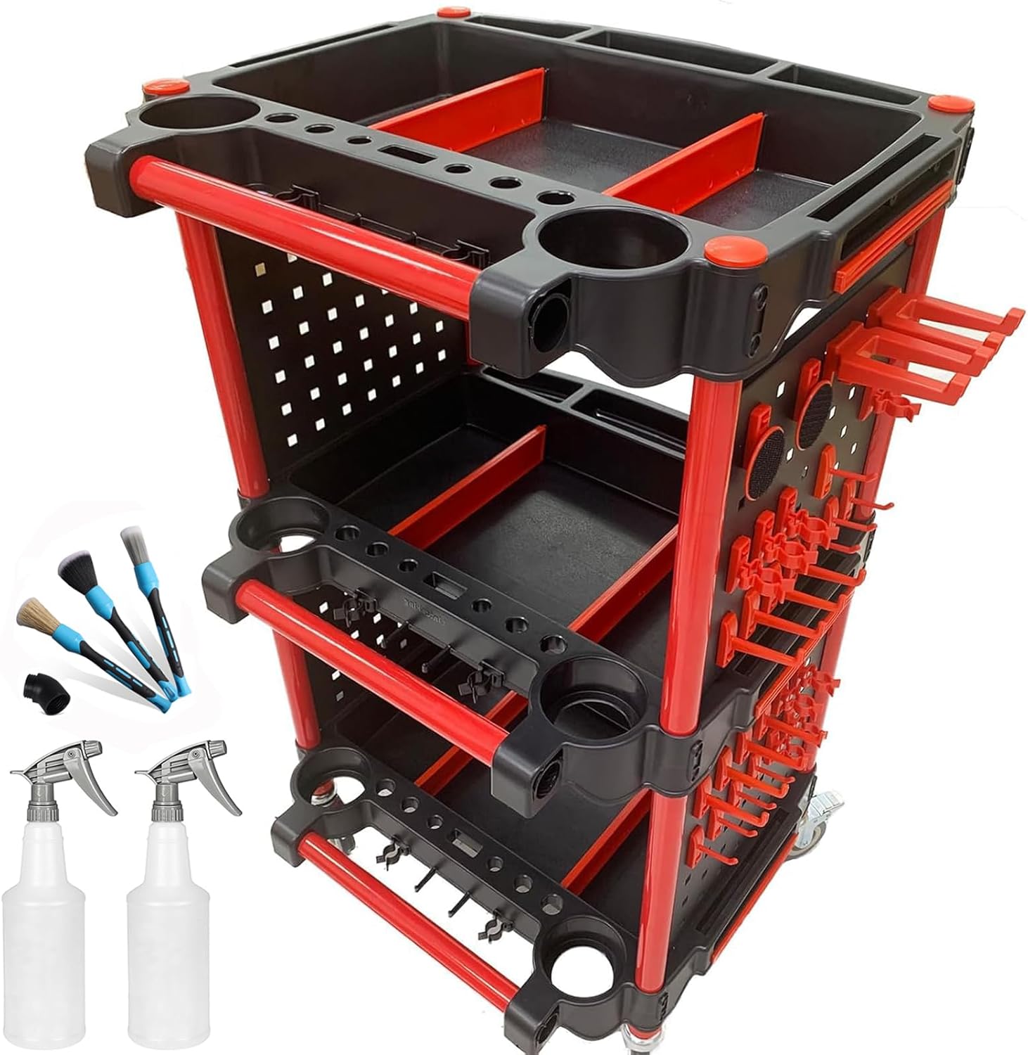 Car Detailing Cart – Auto Detailing Tool Cart with 4 Tool Hanging Board,360° Lockable Universal Wheels, 3 Tier Car Wash Detail Cart for Professional Detailing (4 Tool Hanging Board)