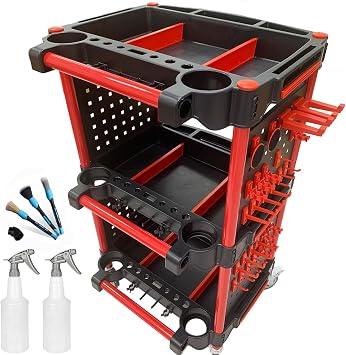 Car Detailing Cart Auto Detailing Tool Cart with 4 Tool Hanging Board | 360 Lockable Universal Wheels, 3 Tier Car Wash Detail Cart for Detailers Garage, Workshop, Repair Shop, Storage Tool