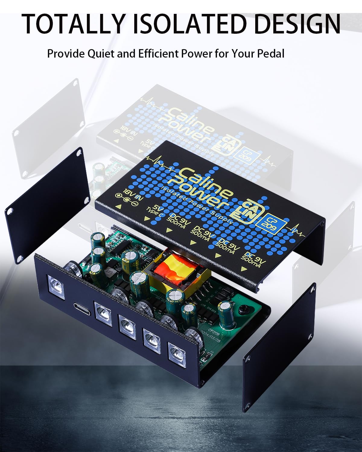 Caline Gitarrenpedal-Netzteil, 9 V, 500 mA, Pedalboard-Netzteil, Mini-Pedal-Netzteil mit Typ-C-Ausgang und 4-Wege-Daisy-Kette
