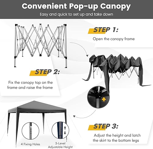 Miniatura 4 de Tangkula Tienda de campaña desplegable de 10 x 10 pies, toldo instantáneo de fácil instalación con 8 estacas, 4 cuerdas, 3 alturas ajustables,