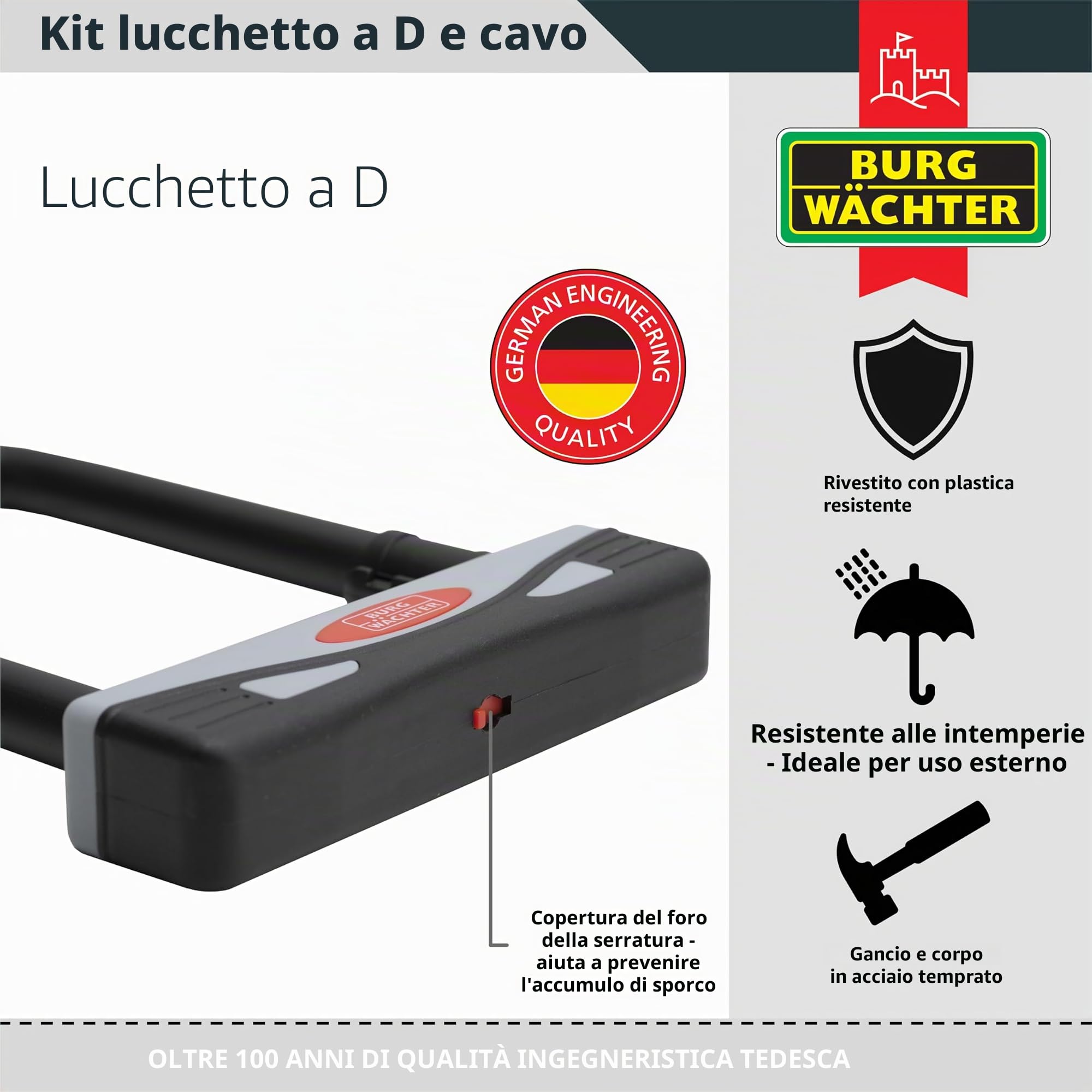 Burg-Wächter Lucchetto a D per bicicletta Gold Sold Secure e cavo di sicurezza da 1,2 m, taglia unica, nero