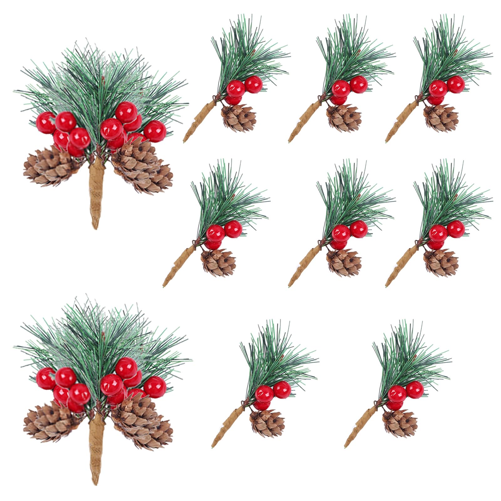Boutihao 20Pcs Fake Christmas Holly Sprigs Artificial Pine Picks with Red Berry Natural Pine Cones, Artificial Christmas Pine Picks for Craft Xmas Flower Arrangements Wreaths Decor
