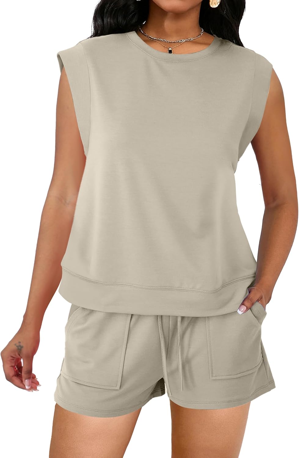 sexycherry Two Piece Short Sets for Women Casual Crew Neck Cap Sleeve Drawstring Summer Sweatsuit with Pockets