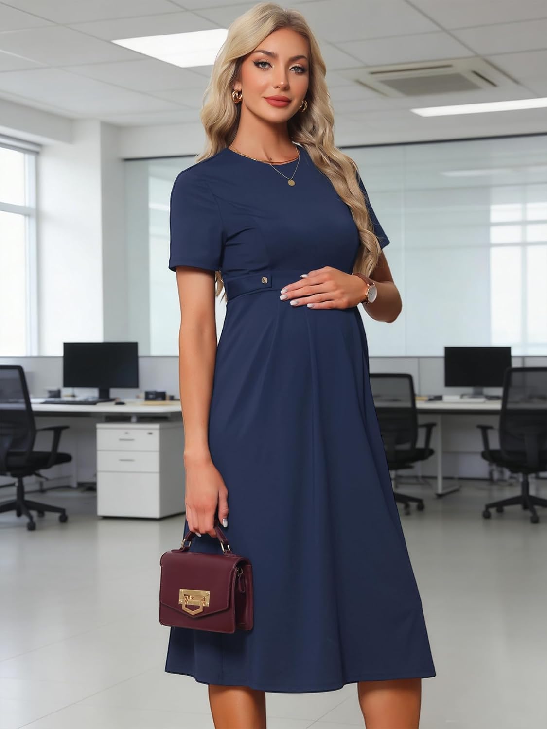 Womens Maternity Work Dress Formal Business A Line Short Sleeve Front Pleated Pregnancy Dresses Semi Office