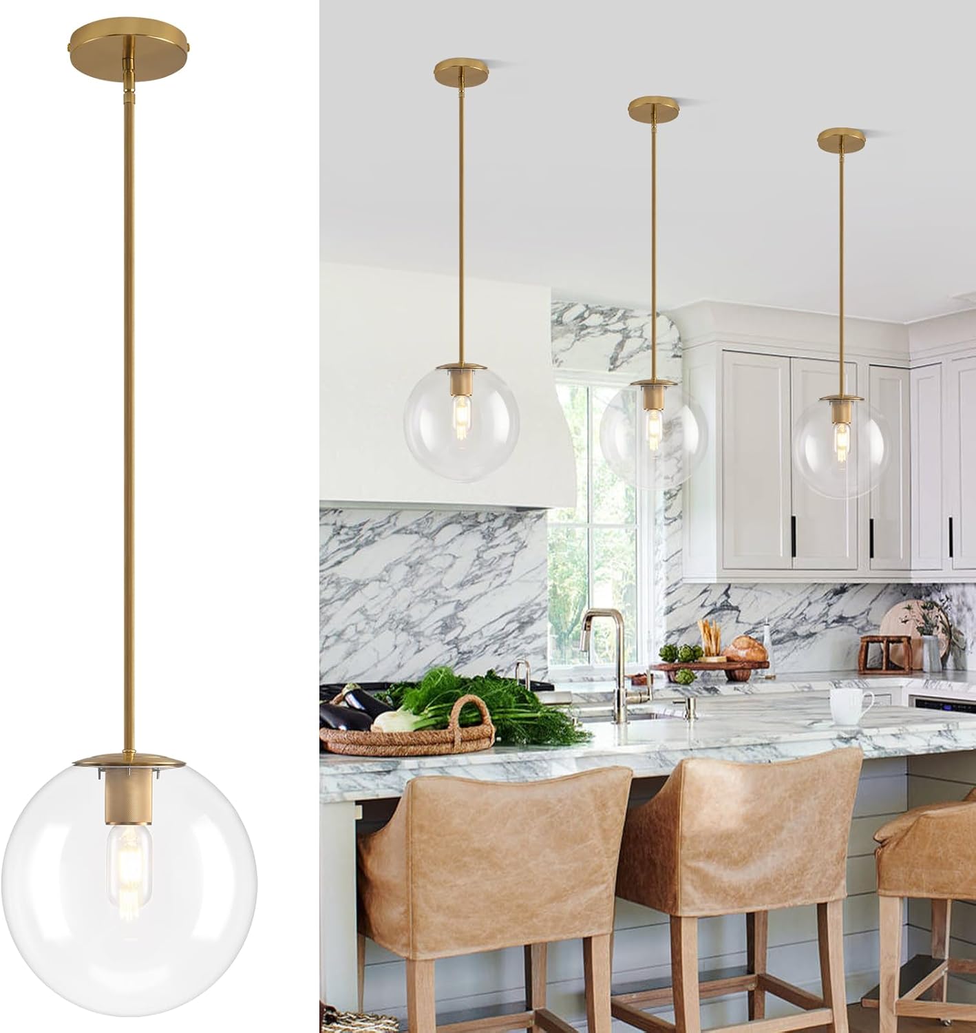 10in Globe Glass Pendant Light, Mid Century Modern Pendant Lights Kitchen Island, Brass Fininsh Hanging Light Fixture for Dining Room Over Table Sink Hallway, Gold & Clear 1 Pack