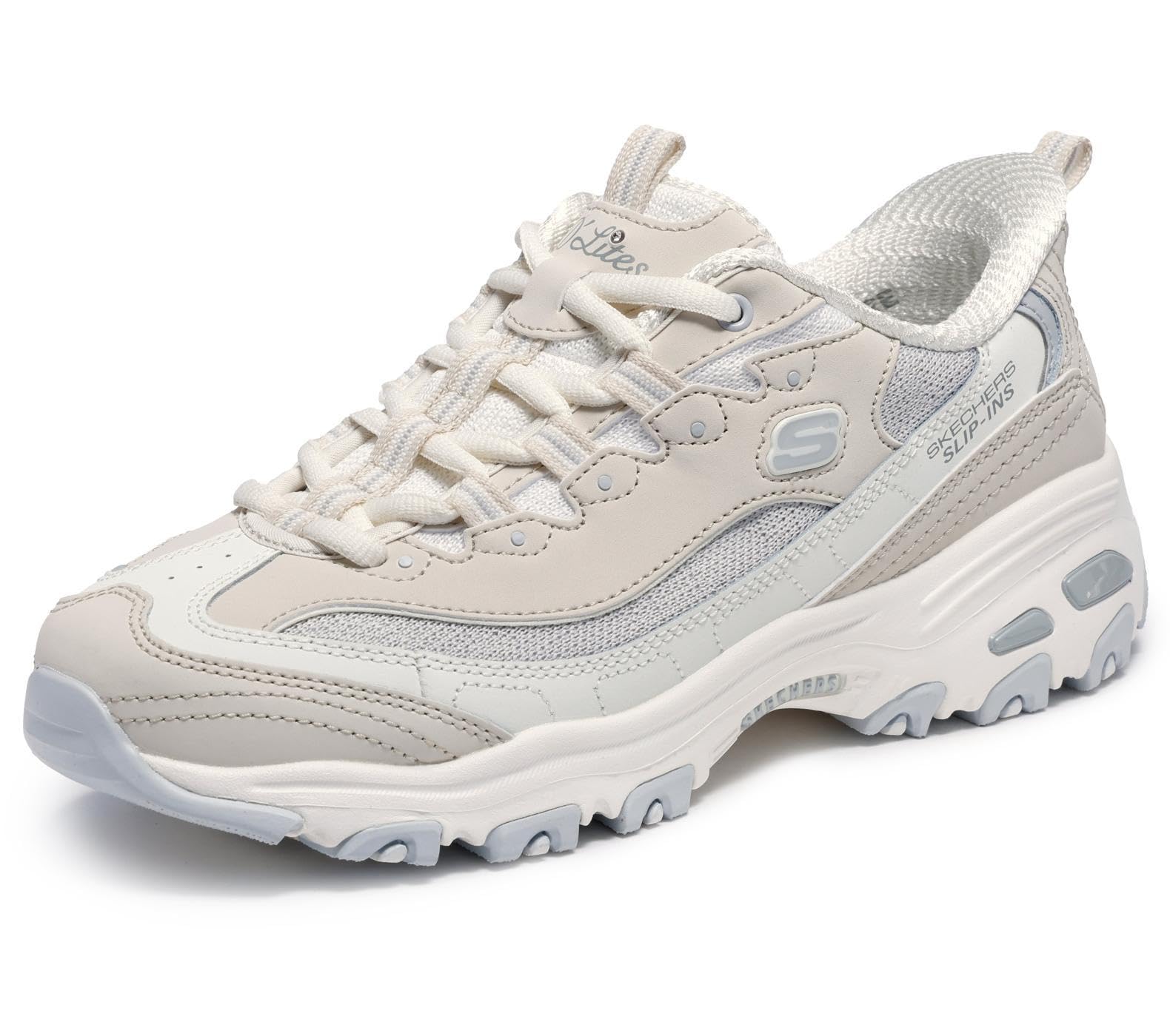 Skechers Women's D'Lites Smooth Nostalgia Trainers, Natural Leather/Duraleather/Grey Mesh/Trim, 3.5 UK