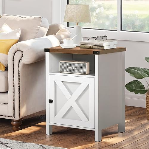 Miniatura 5 de Catrimown Mesa auxiliar de granja, juego de 2 mesitas de noche, mesita de noche rústica con puerta de granero y estante de almacenamiento, mesa