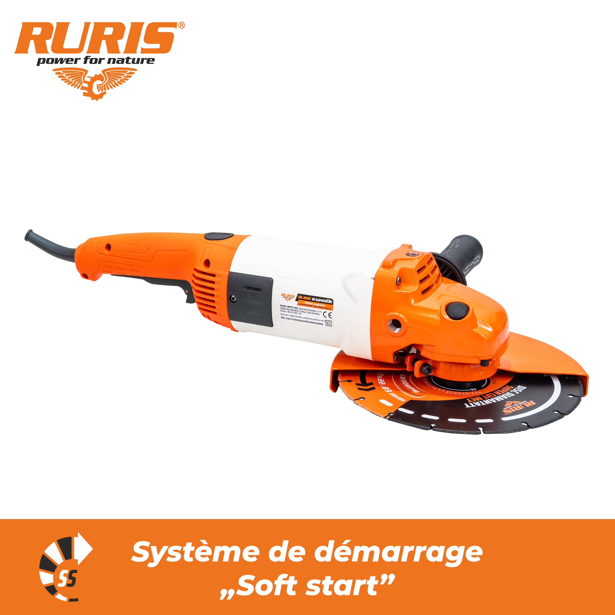 RURIS Amoladora angular eléctrica RA2400S 2400W, disco de 230 mm, Soft Start, mango suave agarre ajustable, potente herramienta para corte y pulido de metal, hormigón, piedra, madera