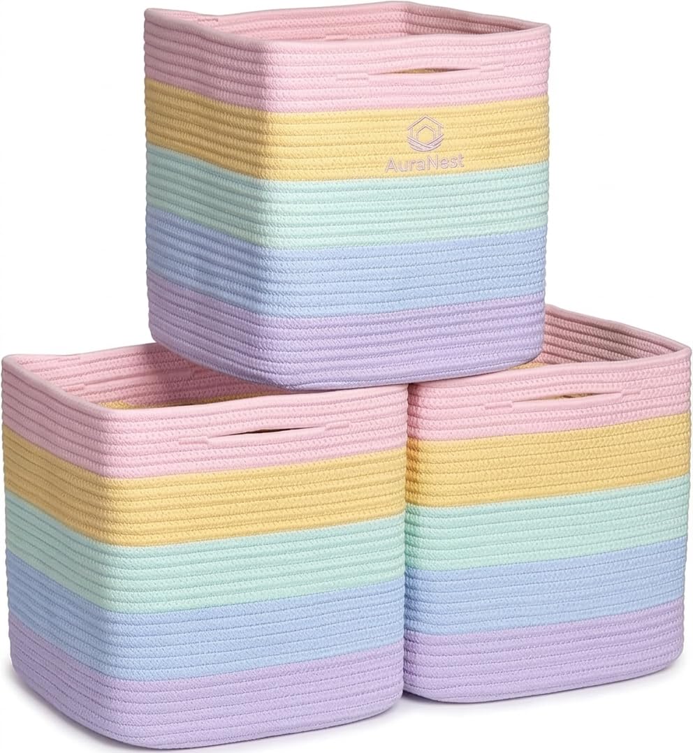 AURA NEST Set Of 3 Foldable Cotton Rope Storage Baskets With Handles | Woven Organizer Bins For Toys, Clothes & Shelves | Multipurpose | Decorative Fabric Storage Boxes | 10.5X10.5X11 Inch (Rainbow)