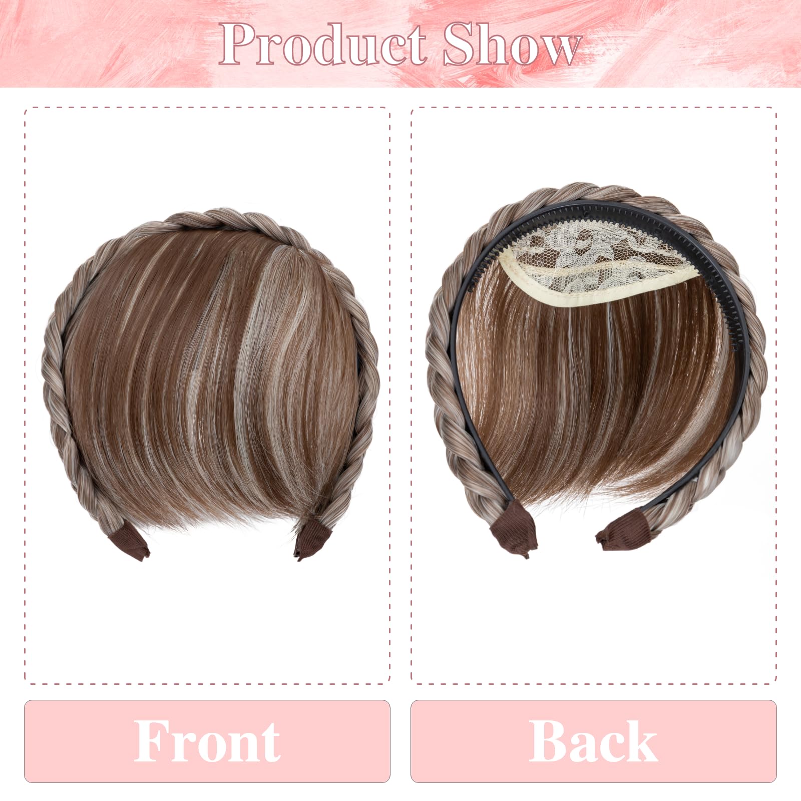 Benehair Headband with Bangs Synthetic Plaited Hair Headband with Natural Fringe Brown mix Blonde Hair Piece for Women Girls(Brown mix Blonde - Image 3