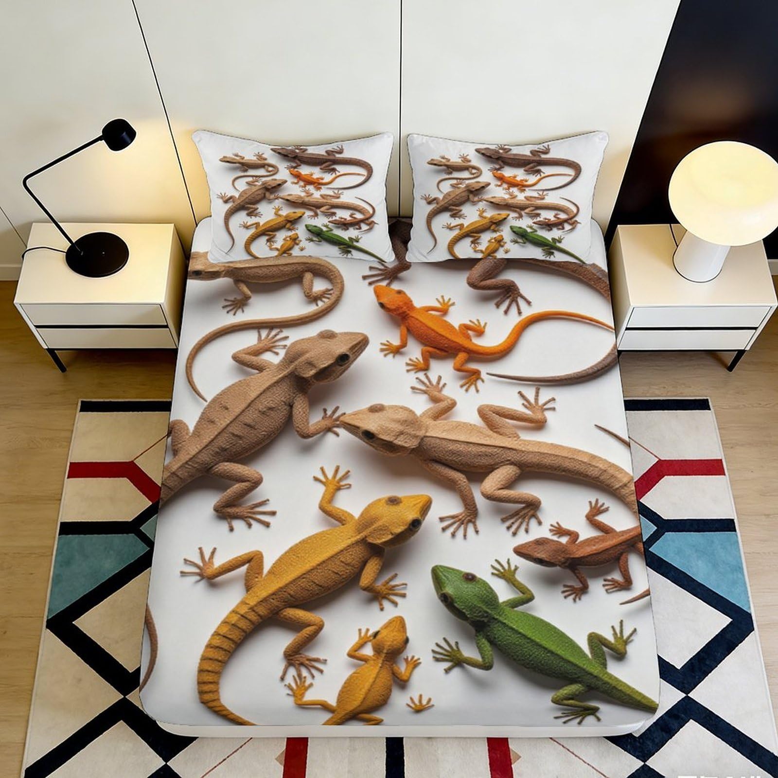 3D Printed Lizard Geckos Fitted Sheet Microfiber Breathable Reptile Bed Cover Anti-Slip Machine Washable Bedroom Decor 90x200x25cm