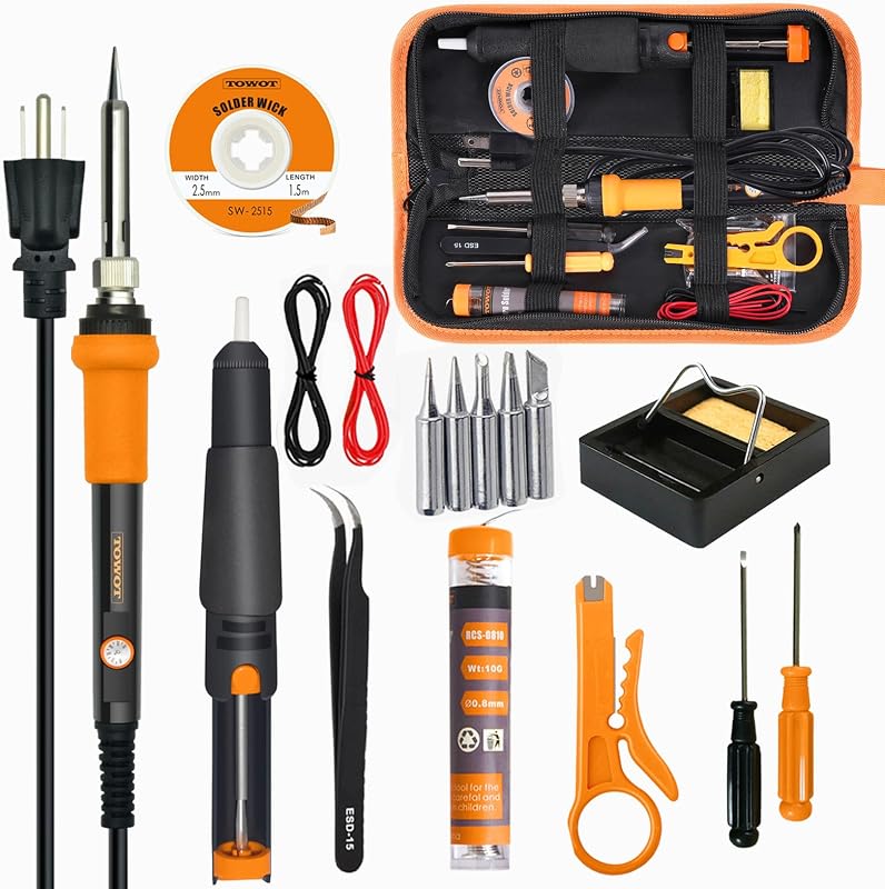Soldering Iron Kit, Electronic Soldering Iron 60W Adjustable Temperature, Deoldering Pump, Tin Wire, Solder Wick, Tweezers, Soldering Iron Tips Set, Soldering Iron Stand, Wire Strippers