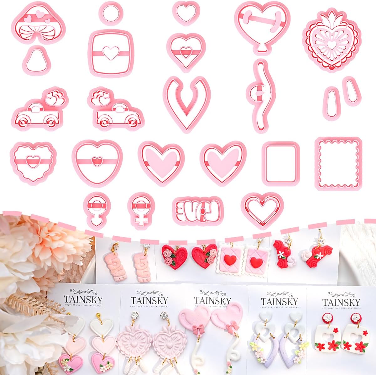 TAINSKYValentine's Day Clay Cutters, 24 Shapes Valentines Polymer Clay Cutters for Earrings Making, Heart Polymer Clay Cutters for Earrings, Love Clay Cutters for Polymer Clay Jewelry