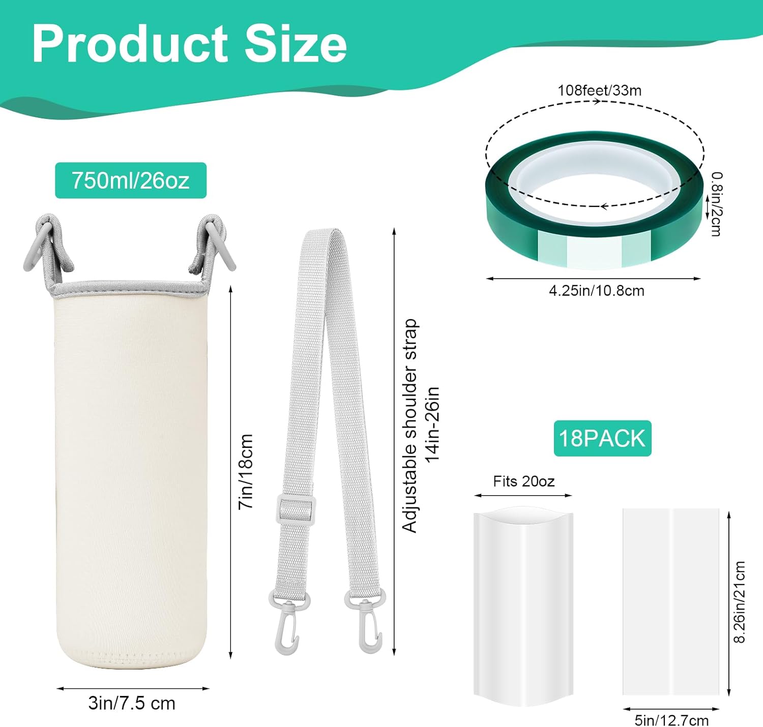 Sublimation Blanks Water Bottle Carriers Bag 26oz Insulated Neoprene Water Bottle Holder Sleeve Tumbler Crossbody Blank Pouch Cover for 750ml with Adjustable Strap for Adult Kids Hiking Walking