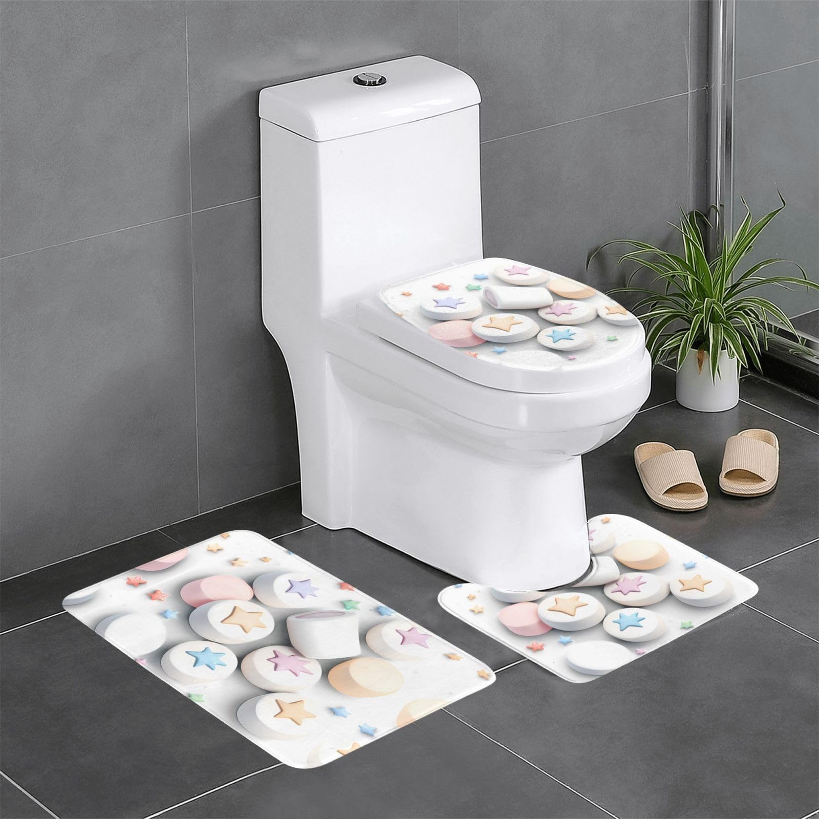 Lot de 3 tapis de bain antidérapants Marshmallows 61x40cm pour wc et lavabo
