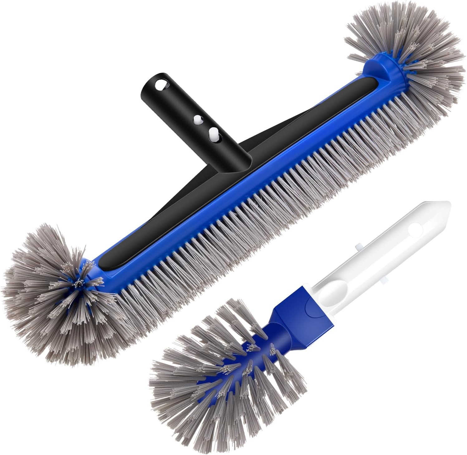 17.4'' Swimming Pool Brush Head with Round Ends, EZ Clip Aluminum Handle, Heavy Duty Pool Brushes for Clean Swimming Pools Faster, Extra Corner Brush Head for Clean Pool Steps & Corners