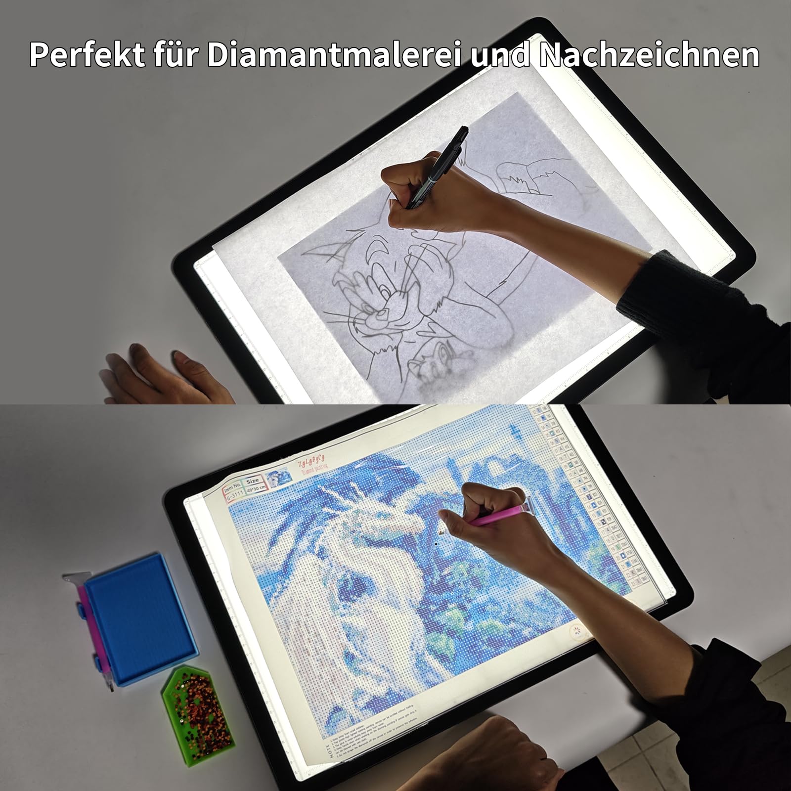 Phylosal Wiederaufladbares A3 LED-Lichtpad für Diamantmalerei, Ultradünnes Magnetisches Spurlicht für Zeichnen, Diamant-Kunst-Lichttafel mit Seitenknopf, Superhelles Lichttisch für Skizzieren (Schwarz