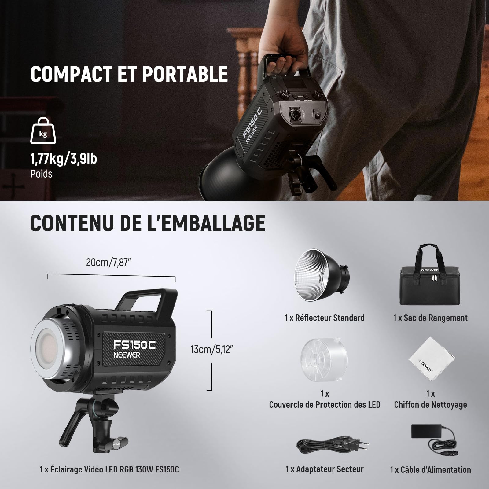 NEEWER 130W RGB LED Vidéo Light APP/2.4G Contrôle, COB Continu Studio Key Lighting,17 Effets 2500-7500K 19800lux CRI97 4 Courbes de Gradation, Bowens Spotlight pour Vidéo Streaming,FS150C