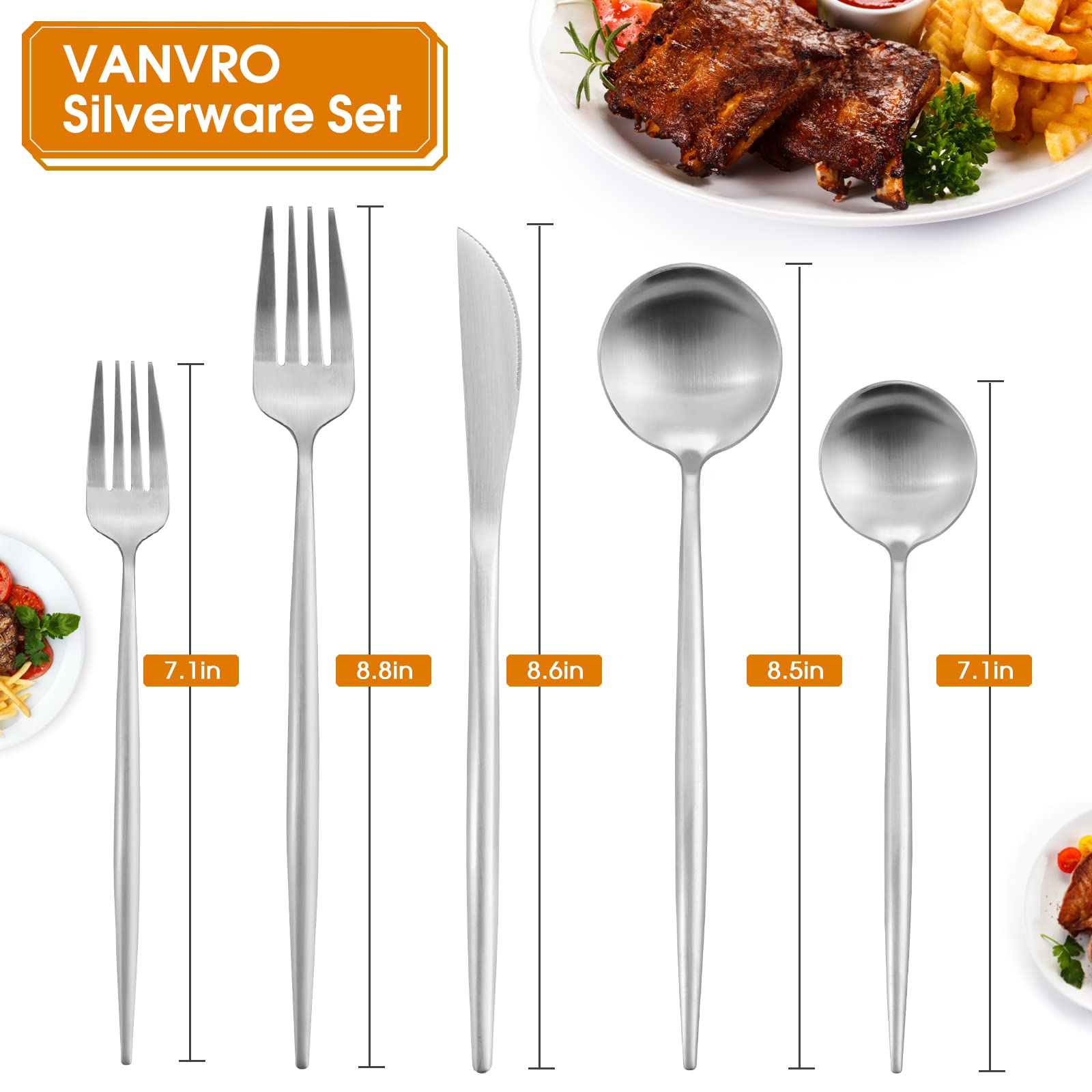VANVRO Besteckset mit mattem Satin-Finish, 40-teiliges Besteck-Set, Besteck-Set, Service für 8 Personen, spülmaschinenfest