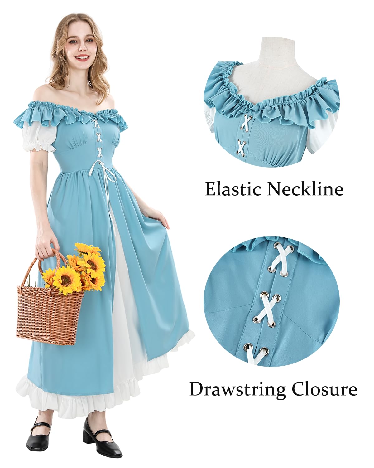 CR ROLECOS Womens Medieval Dress Renaissance Dress Short Sleeves Victorian Costume For Women Halloween Costume Light Blue M - Image 4