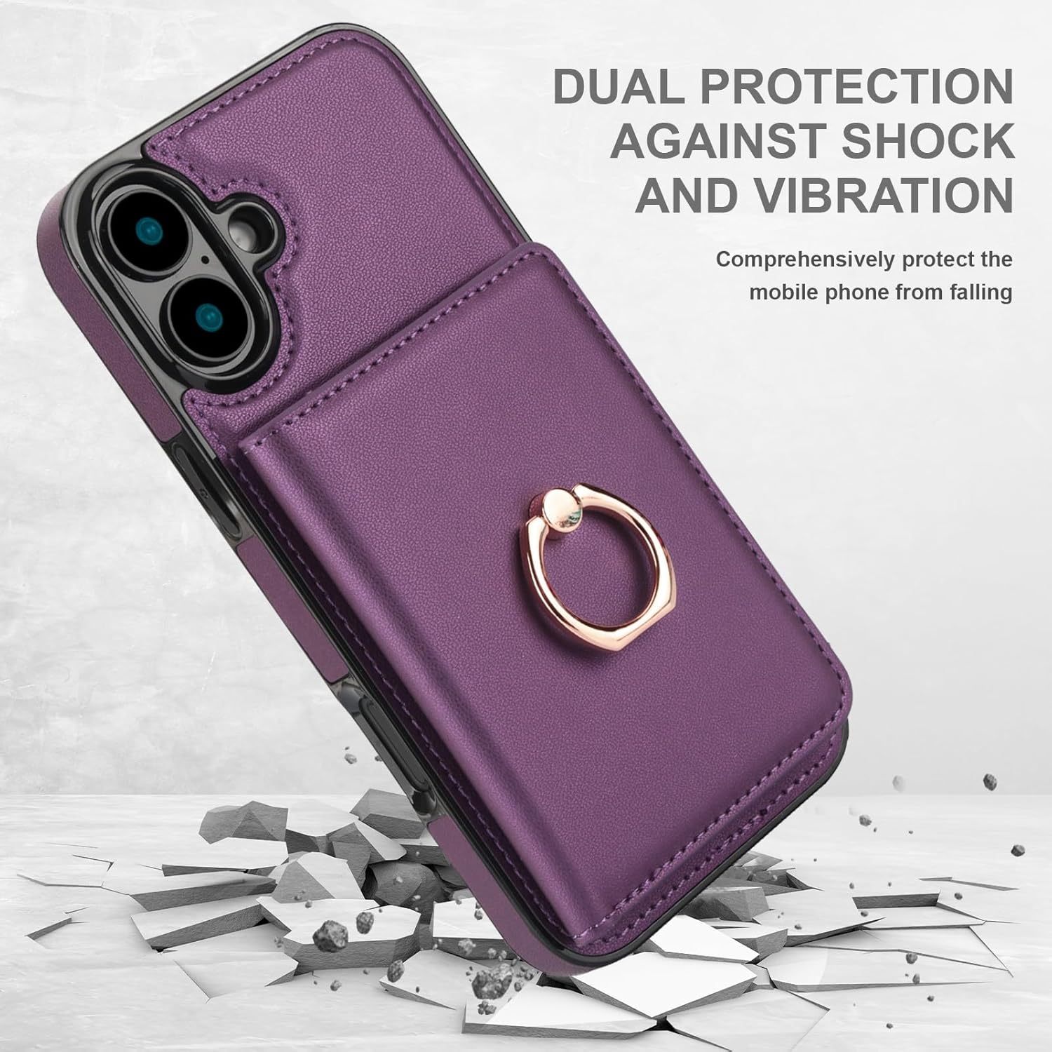 TIANLI Compatible with iPhone 16 Wallet Case with Card Holder, 360° Rotation Ring Kickstand RFID Blocking PU Leather Double Magnetic Clasp Shockproof Cover for Women Man,Dark Purple