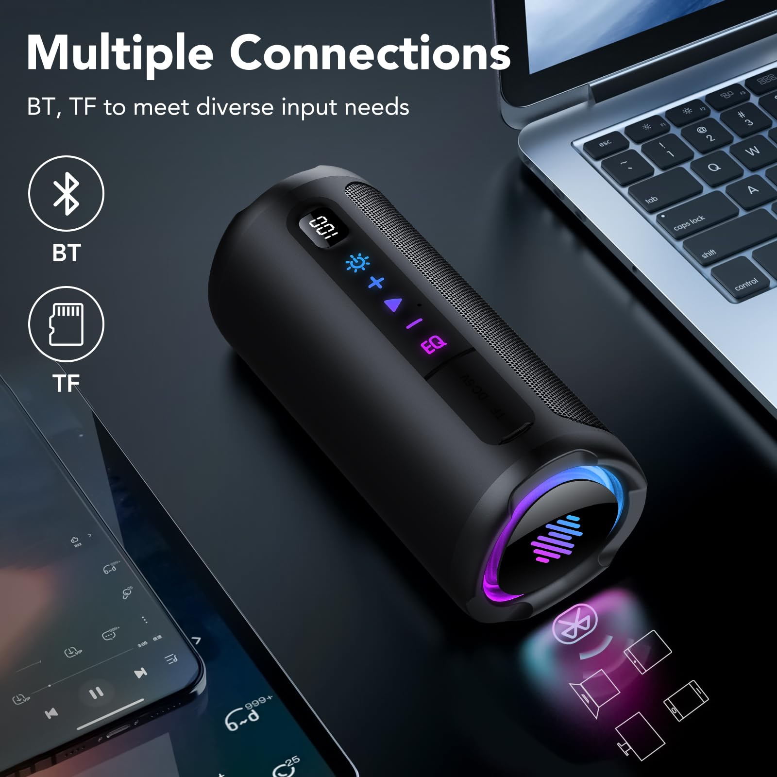 Cassa Bluetooth 5.4 Potente 20W, Doppio Driver Basso, 20H Autonomia, Casse Bluetooth Portatile con 2 EQ Modalità+Display Digitale, 7 RGB, TF, Accoppiamento TWS, Altoparlante Bluetooth da Esterno Feste