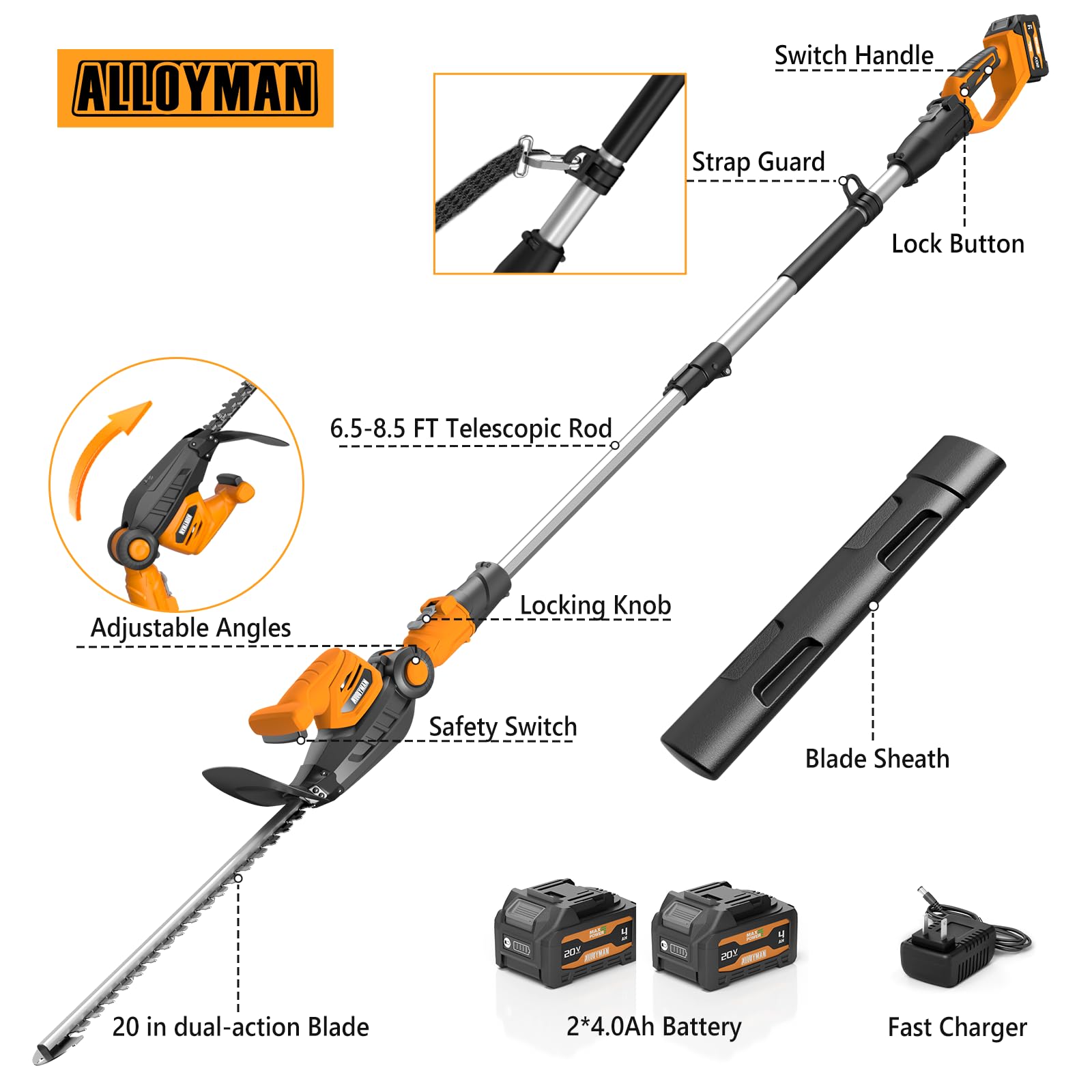 Alloyman 20 V 7,4 W Hours 2 en 1 - Cortasetos telescópico con batería, cortasetos para arbustos y setos