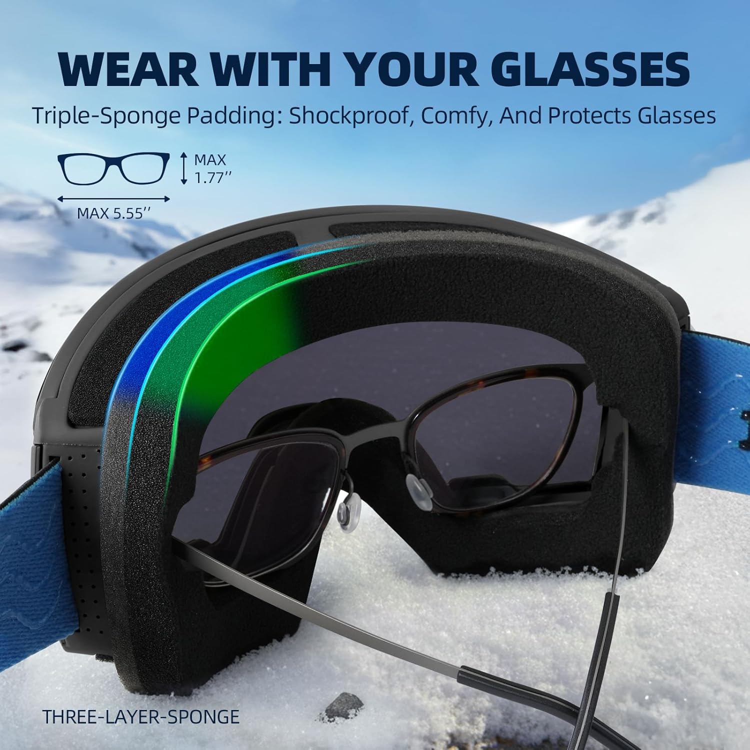 EverSport Ski Goggles, OTG Snowboard Goggles for Men Women with Magnetic Lens UV Protection and Anti Fog, Skiing Snowmobile